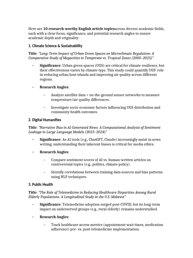 10 Research-Worthy English Article Topics Across Academic Fields | PDF ...