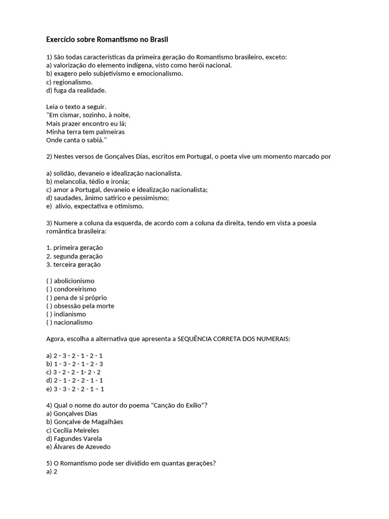 Exercício sobre Romantismo Brasileiro | PDF | Romantismo