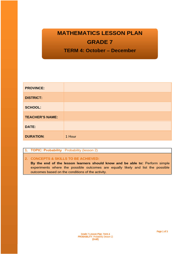 Grade 7 Probability Lesson Plan | PDF | Learning | Probability