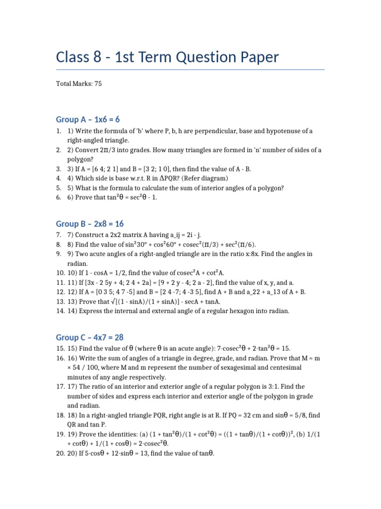 Class 8 1st Term Math Question Paper | PDF