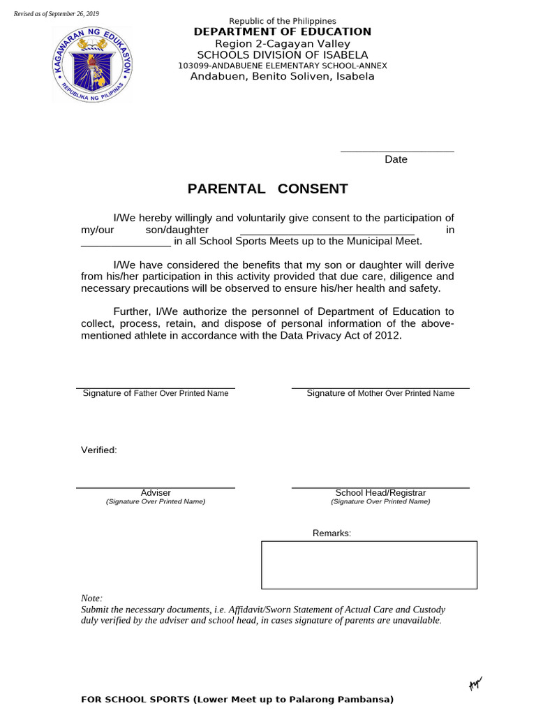 Parental Consent for School Sports Participation | PDF