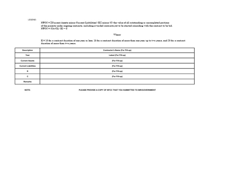 NFCC Calculation for Contractors | PDF