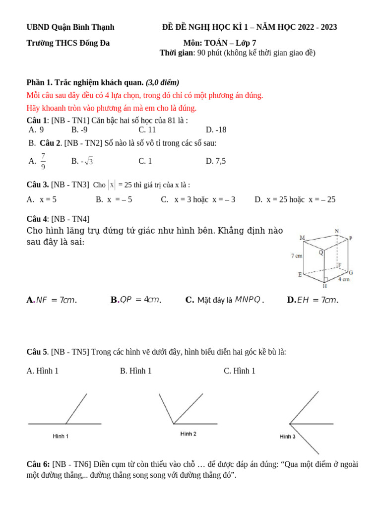 De Thi Hk1 Toan 7 CTST de 5 | PDF