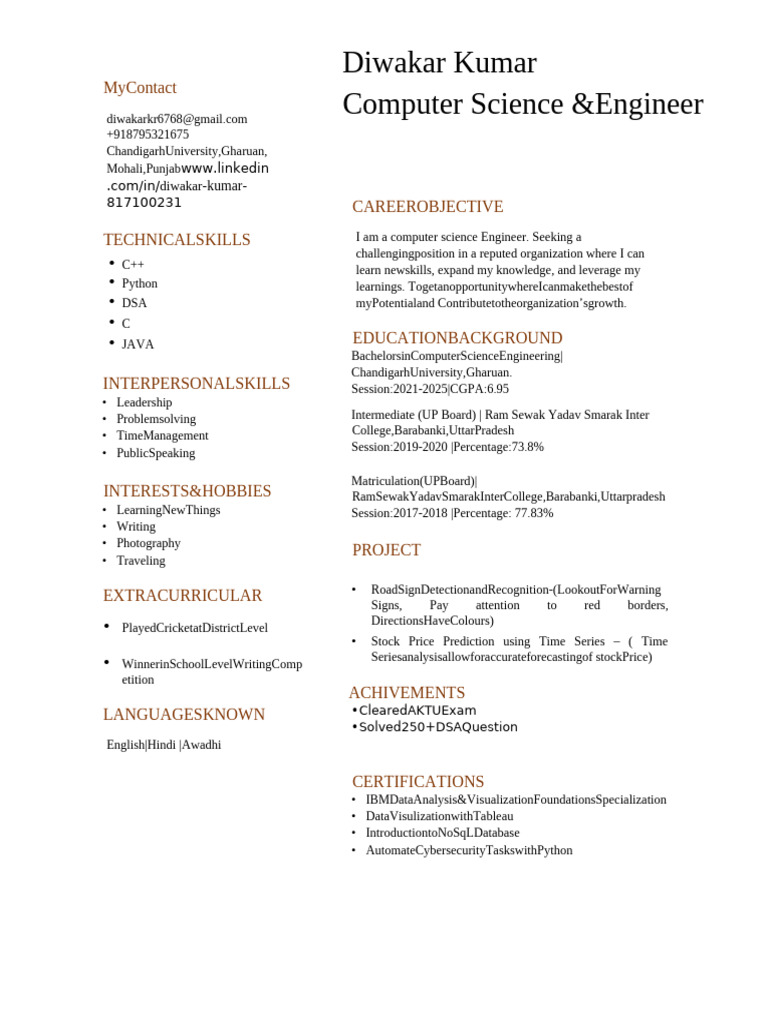 Diwakar Kumar: Computer Science Engineer Resume | PDF