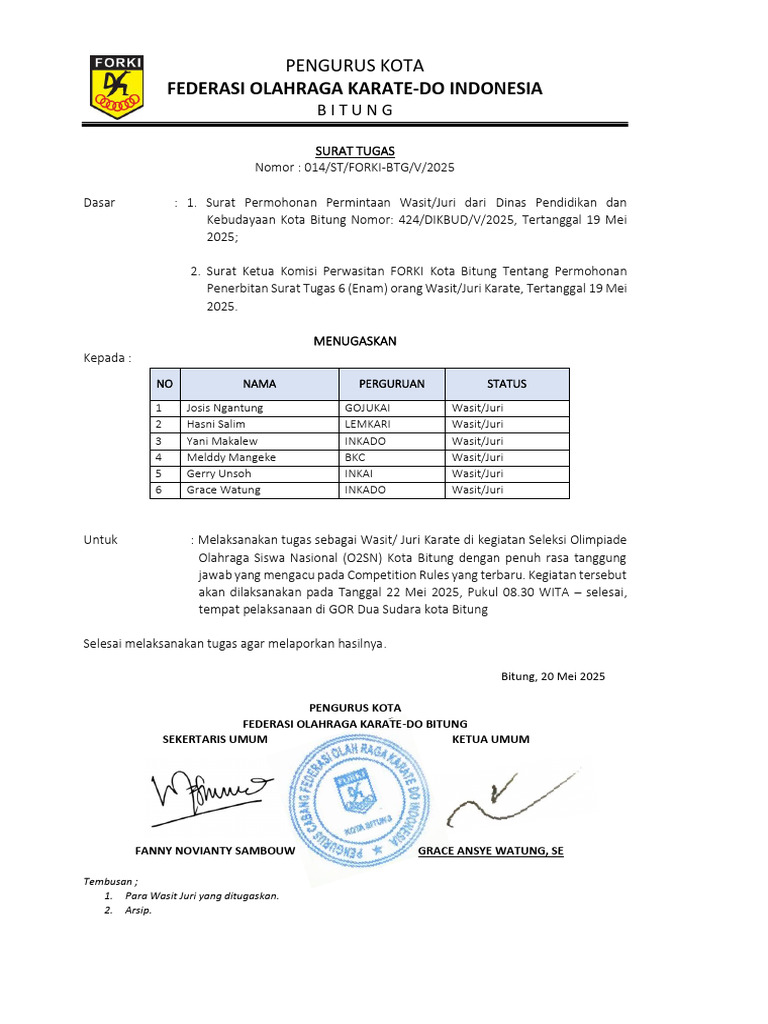 Surat Tugas Wasit o2sn Kota Bitung | PDF