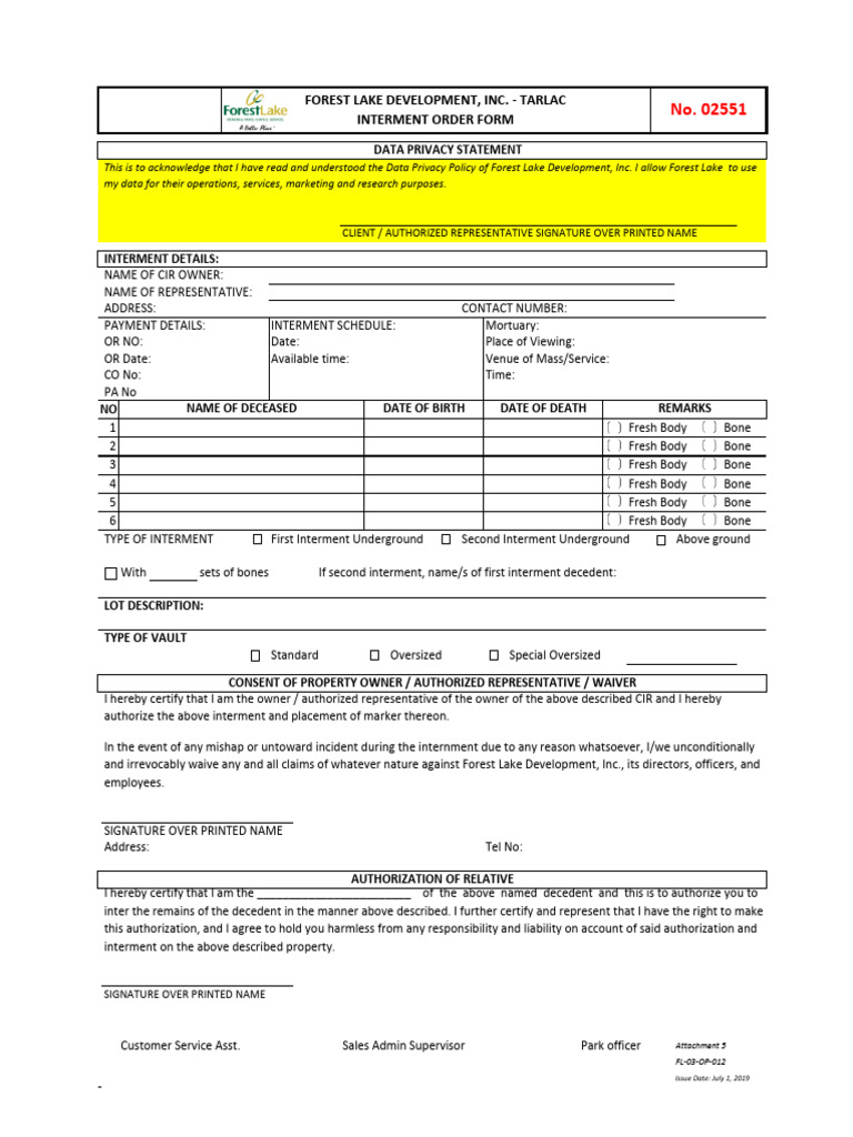 Interment Order Form for Forest Lake | PDF | Death