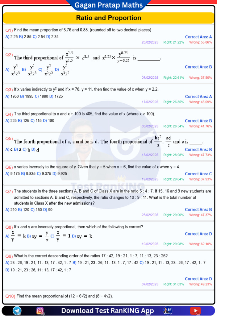 Ratio and Proportion Practice Questions | PDF | Force | Volt