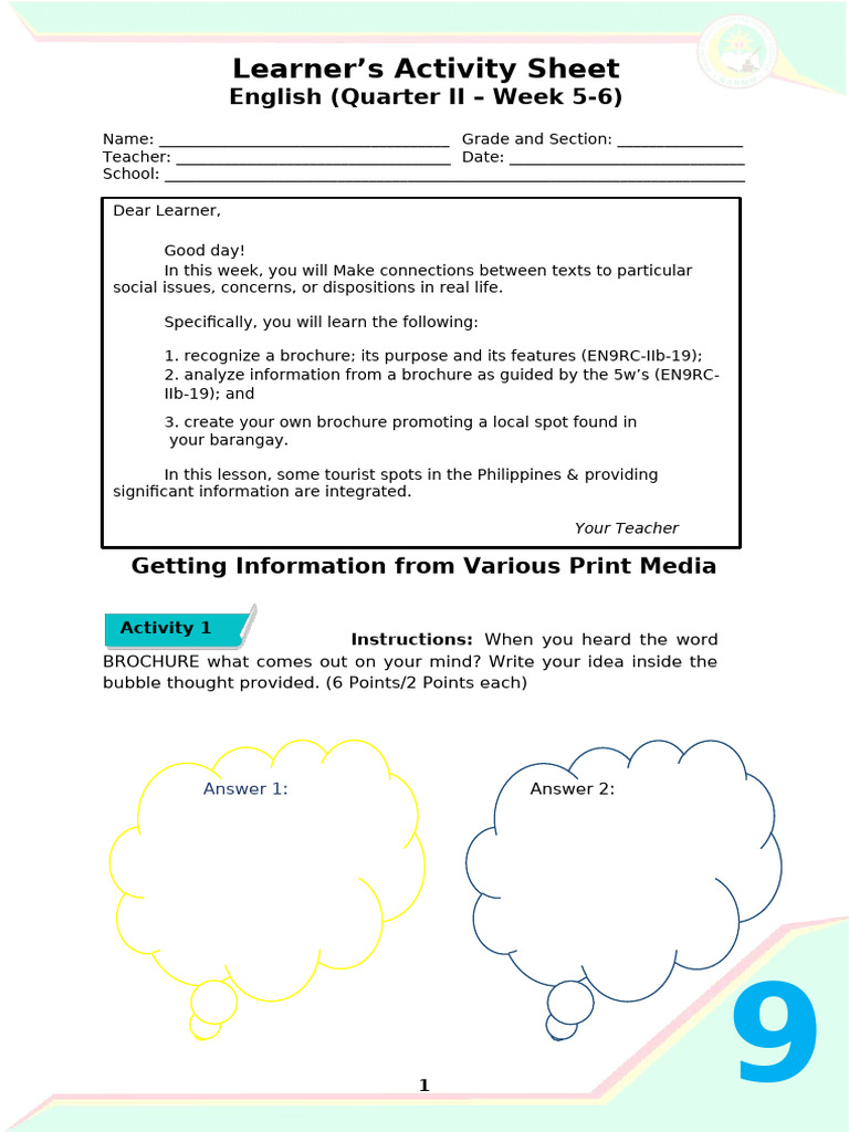 Learner's Activity Sheet: English (Quarter II - Week 5-6) | PDF | Books ...