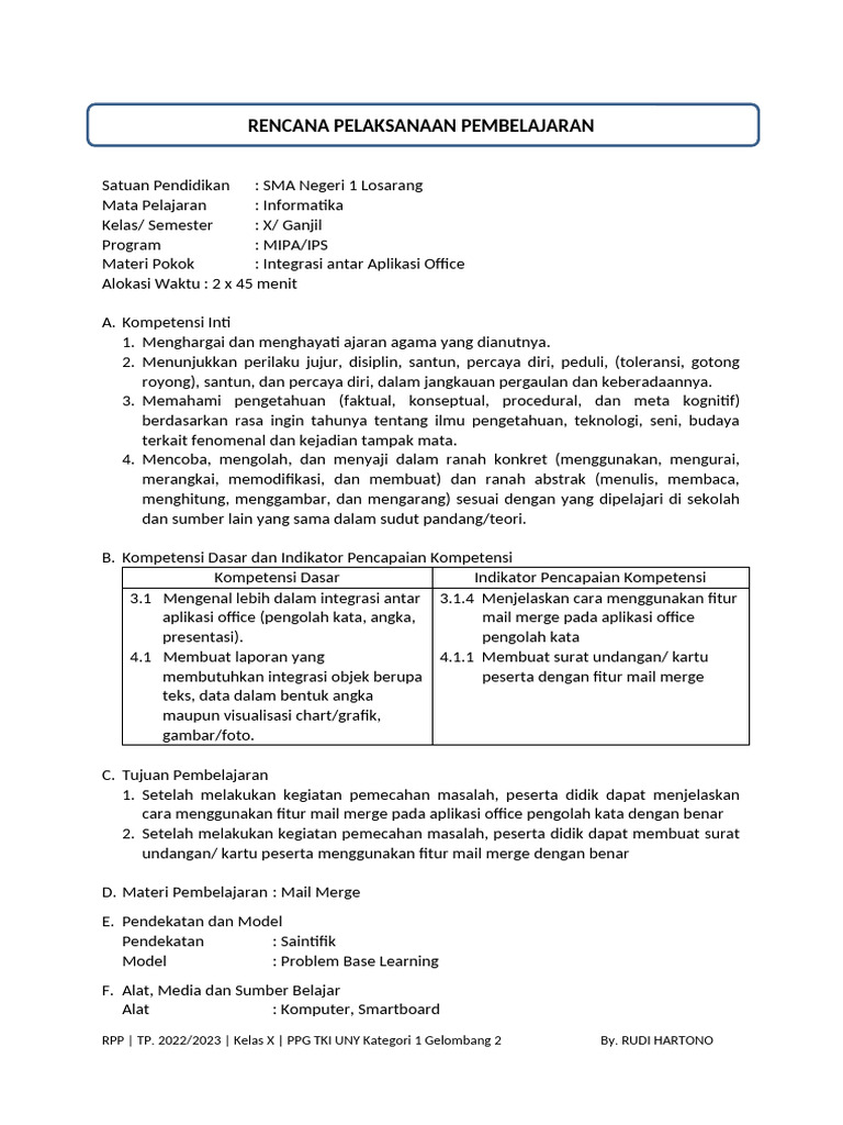 RPP Informatika: Mail Merge Kelas X | PDF