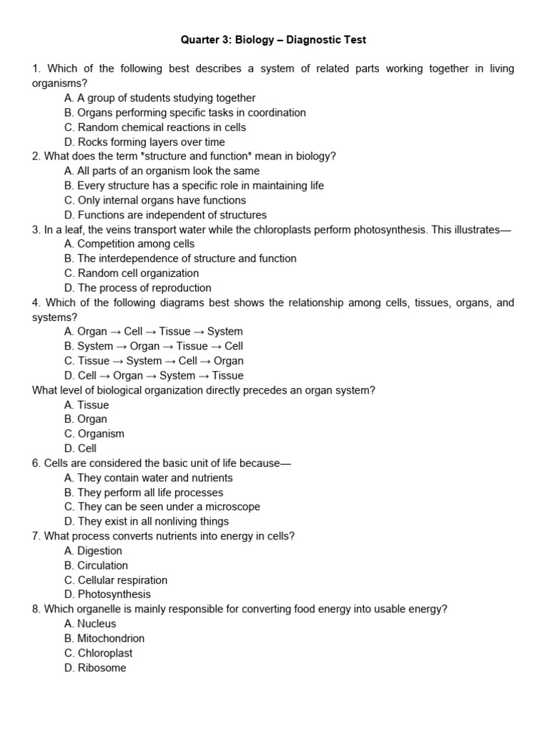 Biology Diagnostic Test Q3 Overview | PDF | Human Body | Cell (Biology)