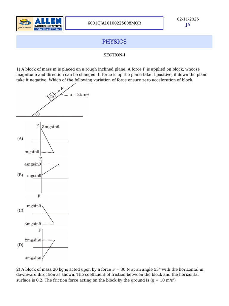 Allen Online Papers | PDF | Force | Mass
