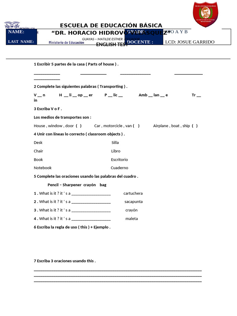 Examen de Inglés para 6to Grado | PDF