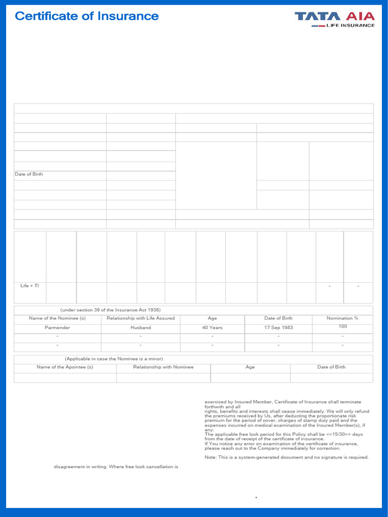 Coi GLPP000007 1000073593 | PDF | Myocardial Infarction | Insurance