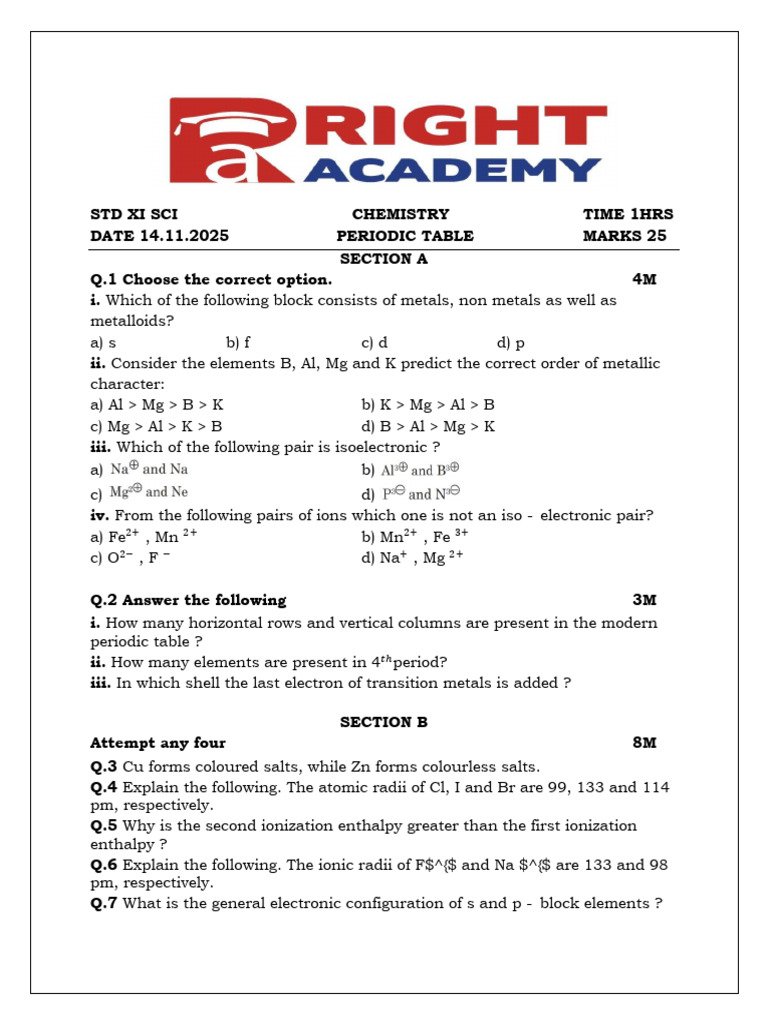 Periodic Table Chemistry Exam Questions | PDF | Periodic Table | Ion