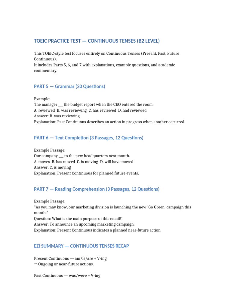 TOEIC Continuous Tenses Practice Test | PDF