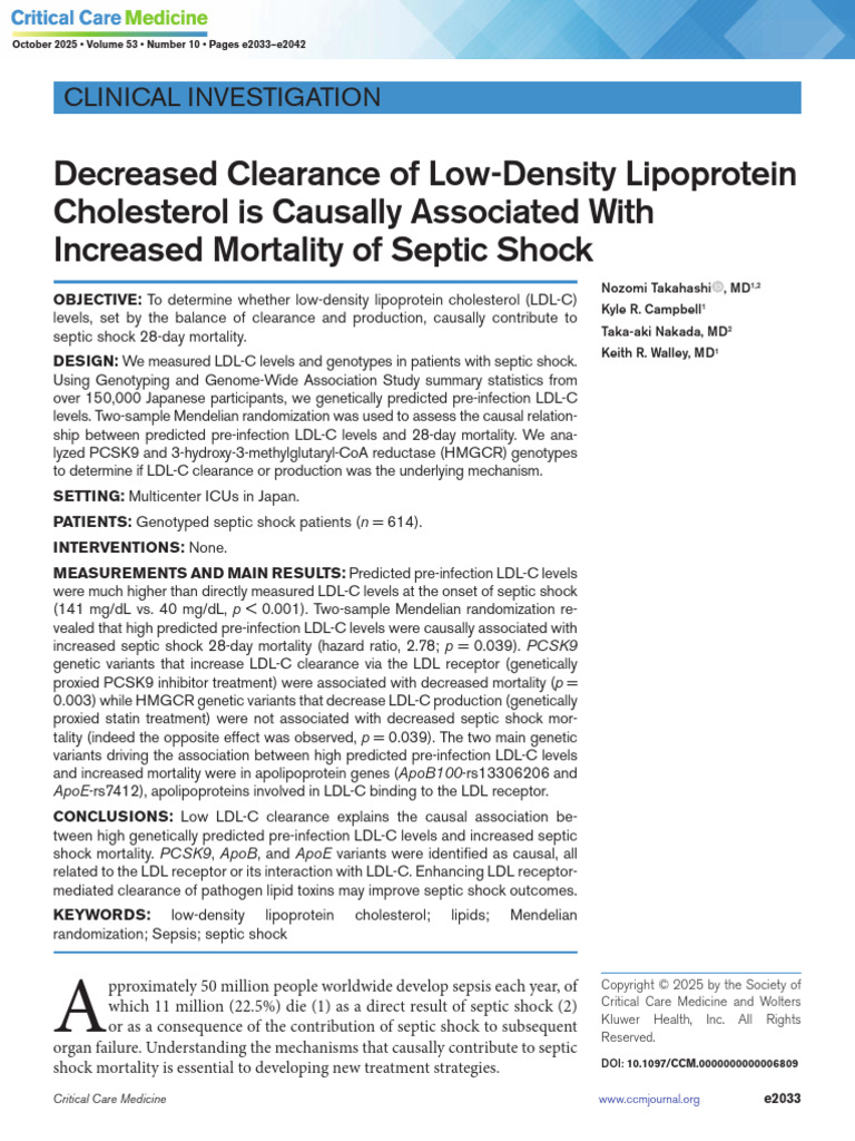 Decreased Clearance of Low Density Lipoprotein Cholesterol Is Causally ...
