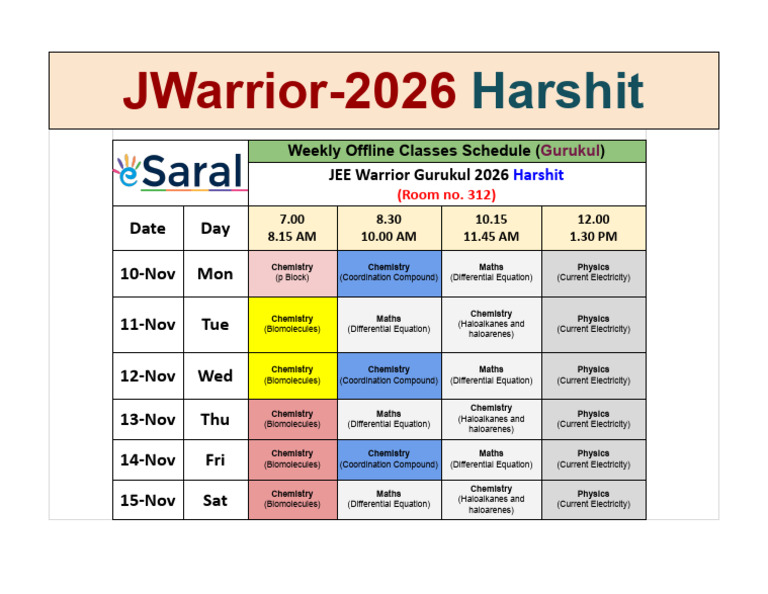 JEE Warrior 2026 Weekly Class Schedule | PDF | Equations | Physical ...