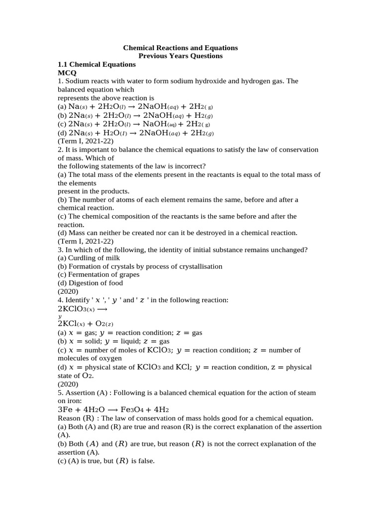 Chemical Reactions MCQs and Equations | PDF | Chemical Reactions ...