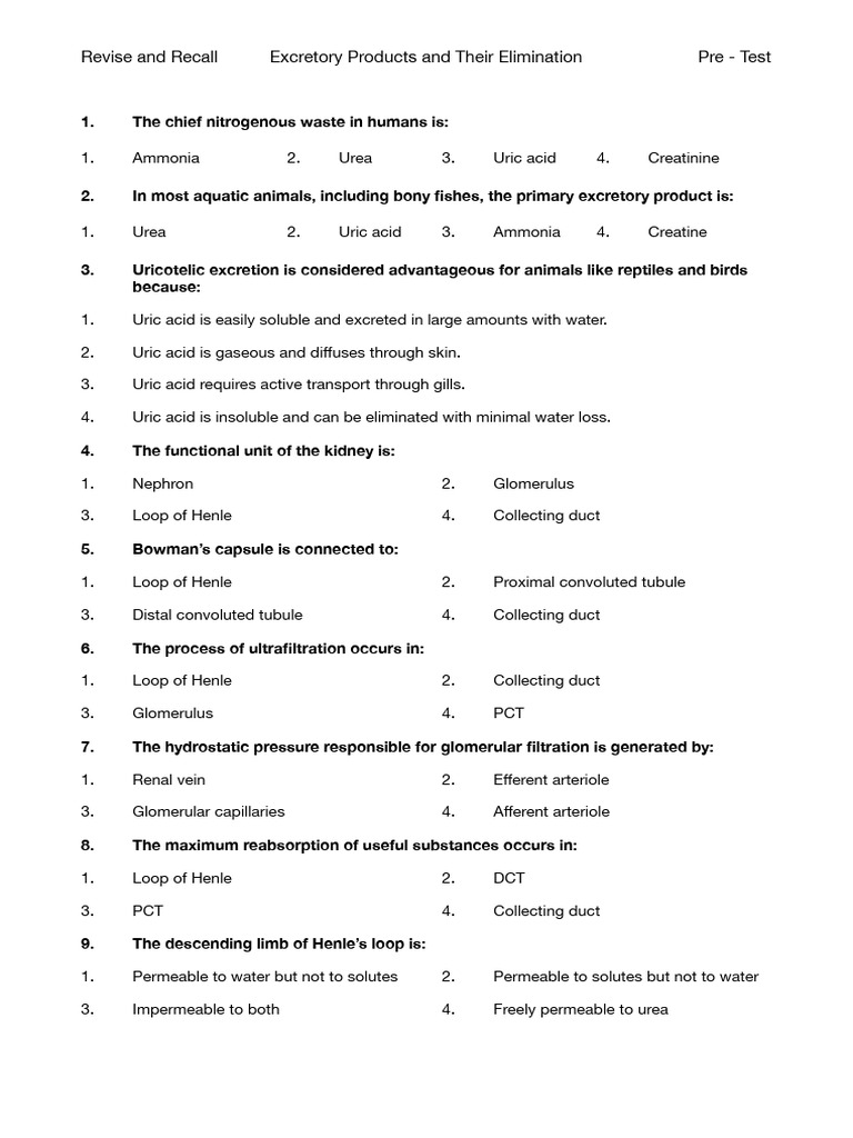 Excretory Products and Elimination Quiz | PDF | Kidney | Urinary System