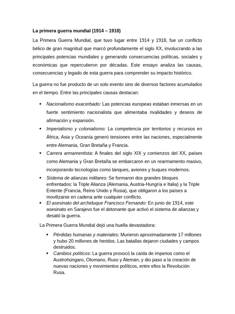 Impacto y legado de la Primera Guerra Mundial | PDF | Primera Guerra ...