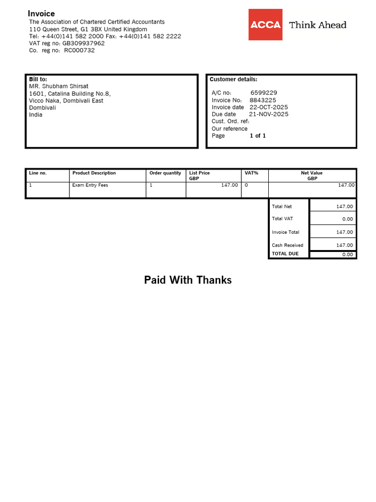 ACCA Invoice for Exam Entry Fees | PDF