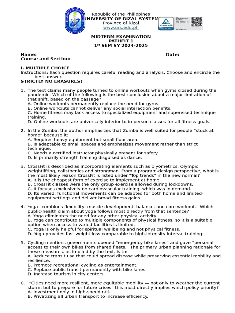 Pathfit 1 Midterm Exam Overview | PDF | Physical Fitness | Strength ...