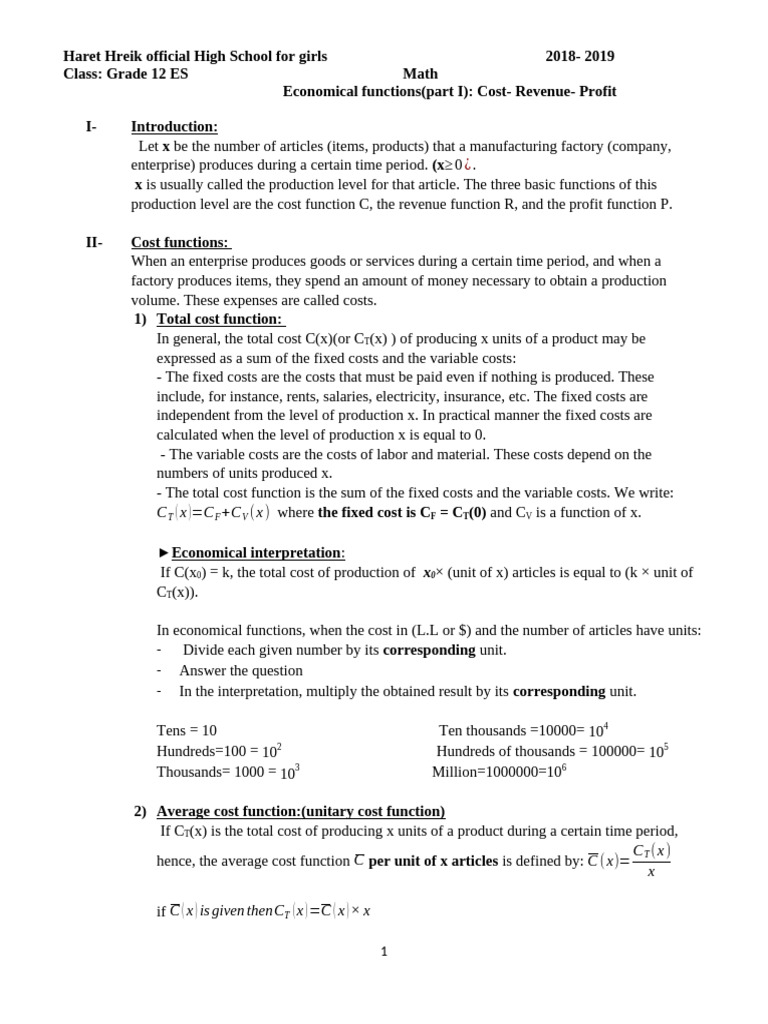 Economical Functions: Cost, Revenue, Profit | PDF | Cost | Profit ...