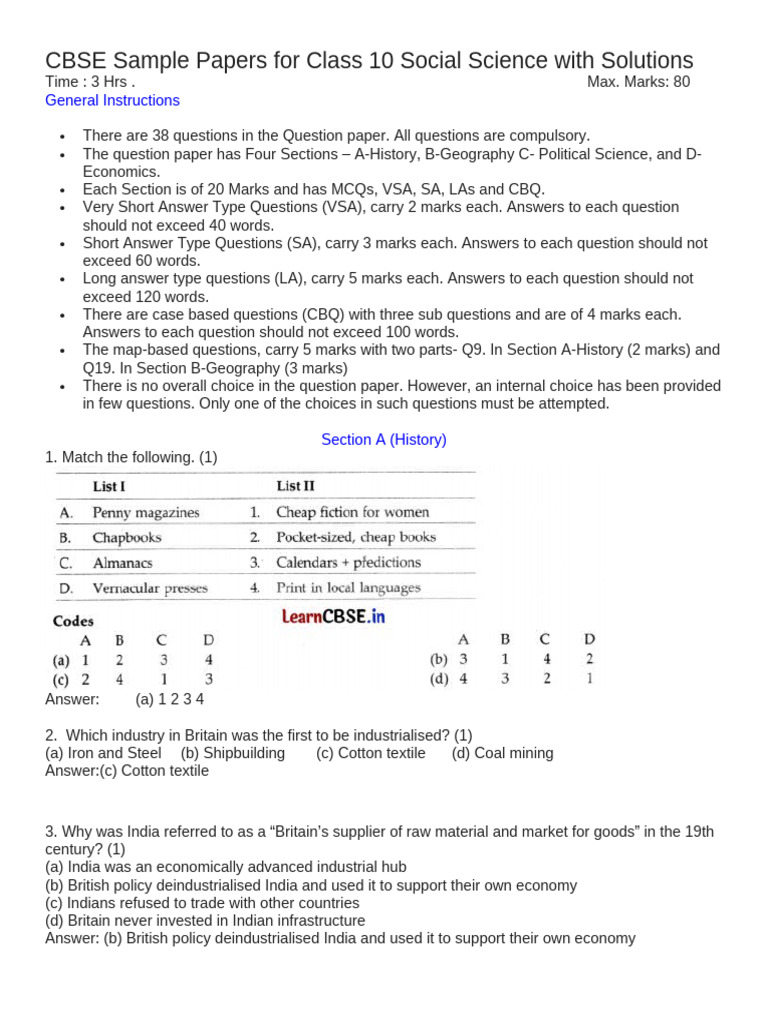 CBSE Sample Papers For Class 10 Social Science With Solutions | PDF ...
