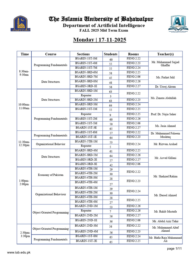 Date Sheet Mid Term AI FALL 2025 12112025 | PDF