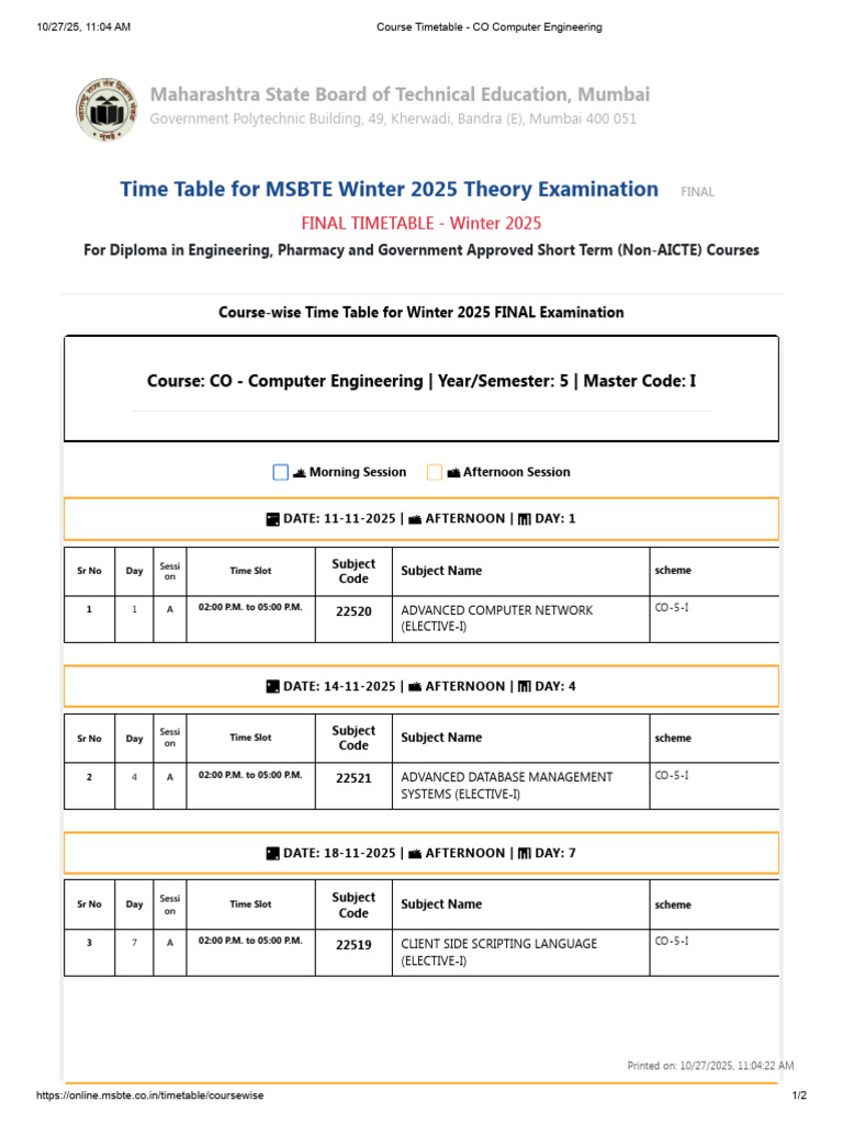 CO Computer Engineering Exam Timetable 2025 | PDF | Educational Stages ...