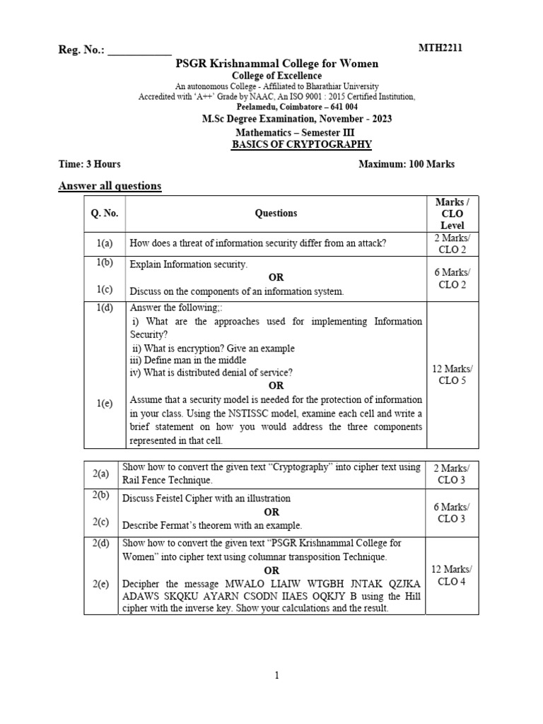 Basics of Cryptography Exam Questions | PDF | Public Key Cryptography ...