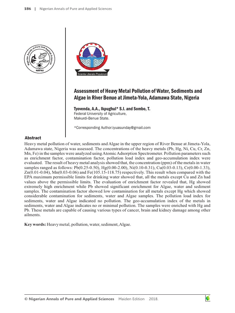 Heavy Metal Pollution in River Benue | PDF | Water | Pollution
