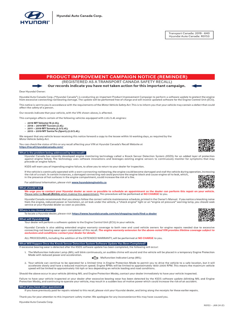 Hyundai Engine Warranty Update Canada | PDF | Vehicle Technology | Vehicles