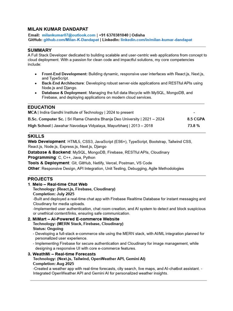 Full Stack Developer Profile: Milan Dandapat | PDF | Web Development ...