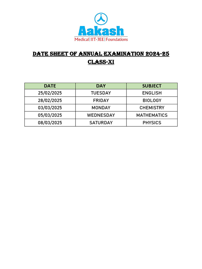 Class XI Annual Exam Date Sheet 2024-25 | PDF