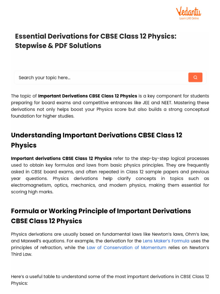 Essential Derivations For CBSE Class 12 Physics - Stepwise & PDF ...