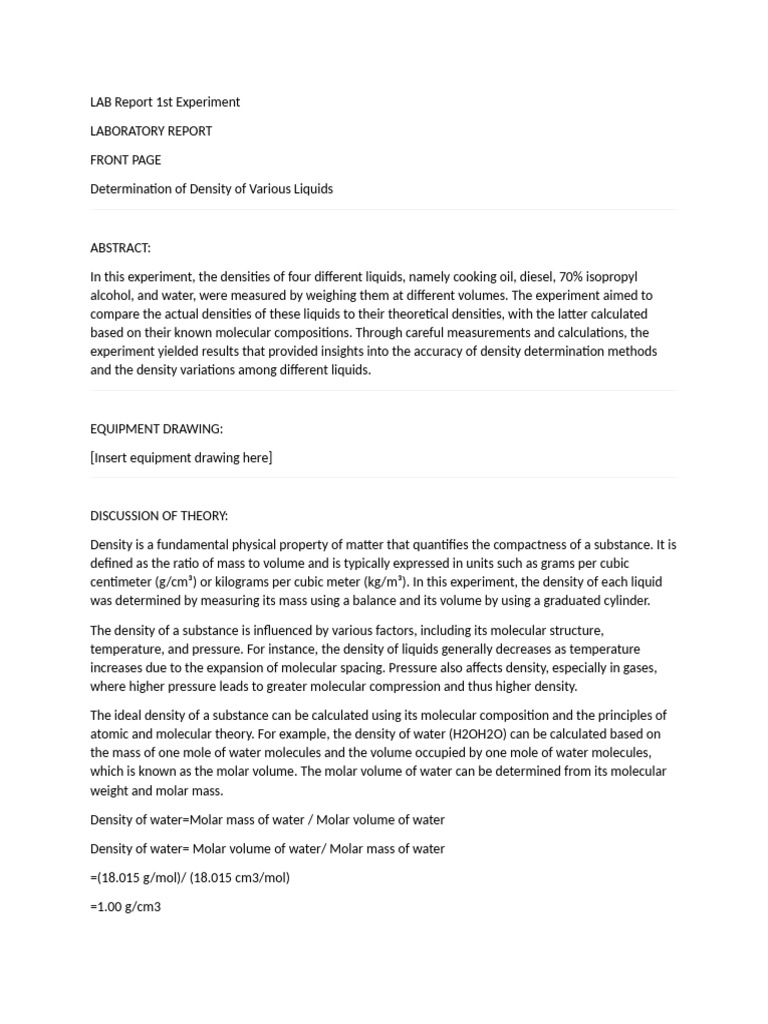 Density Measurement of Liquids Experiment | PDF | Density | Molecules