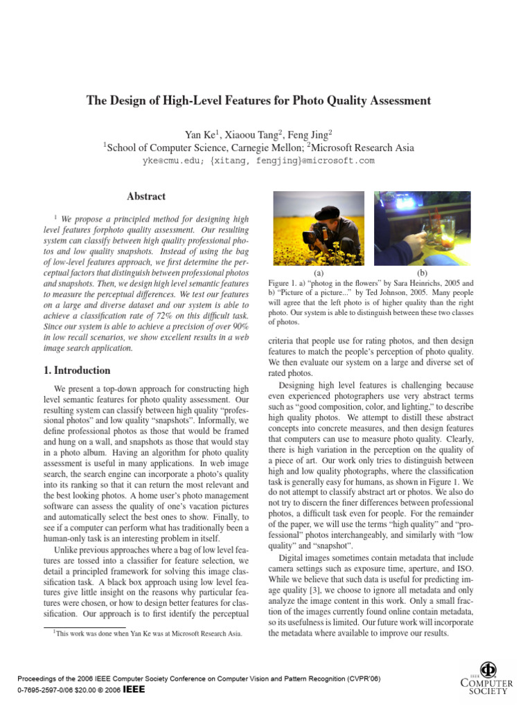 High-Level Features for Photo Quality Assessment | PDF | Camera ...
