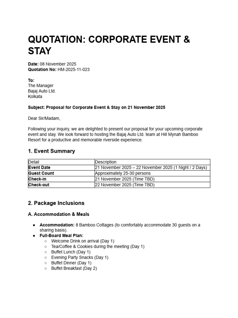 Corporate Event Quotation For Bajaj Auto LTD | PDF | Meal | Lunch