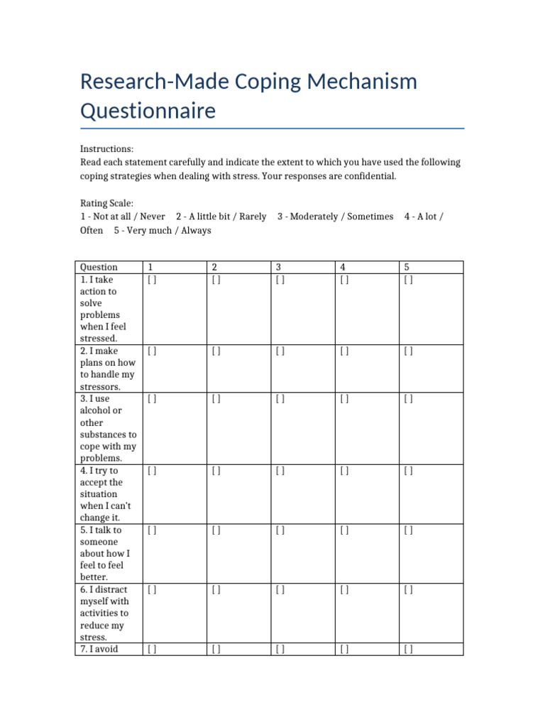 Coping Mechanism Questionnaire Guide | PDF | Emotions | Psychological ...