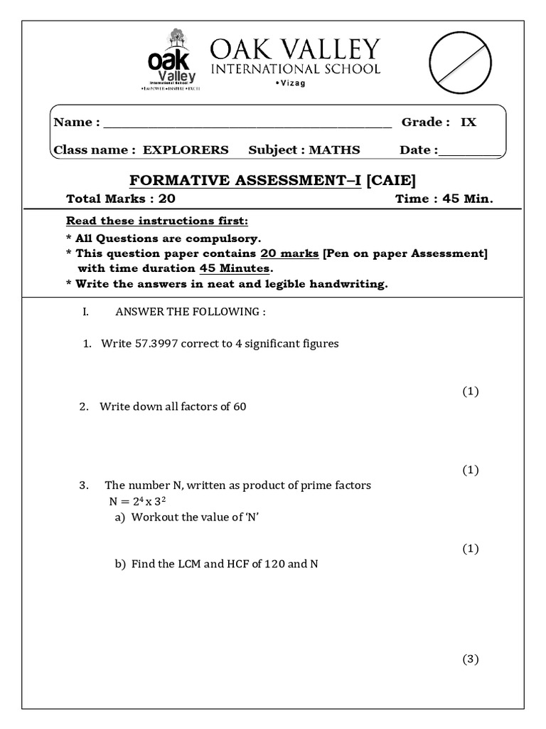 IX Grade Maths Formative Assessment 1 | PDF
