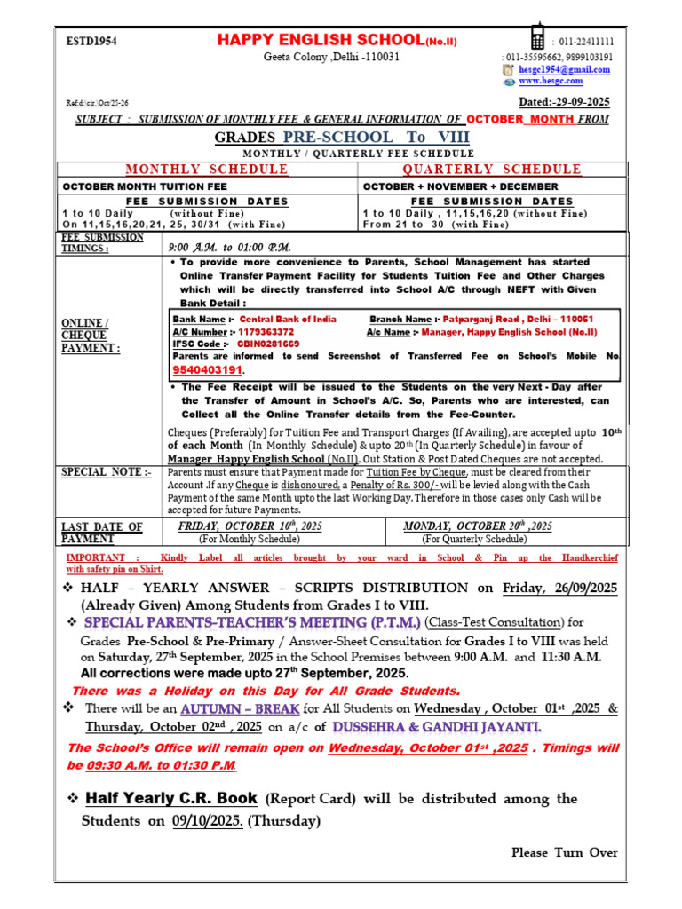 October Fee Submission & School Info | PDF