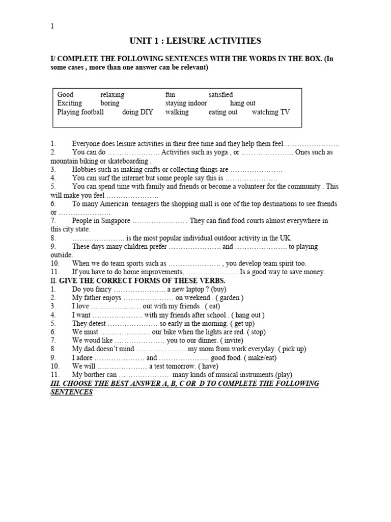 Leisure Activities and Sentence Completion | PDF