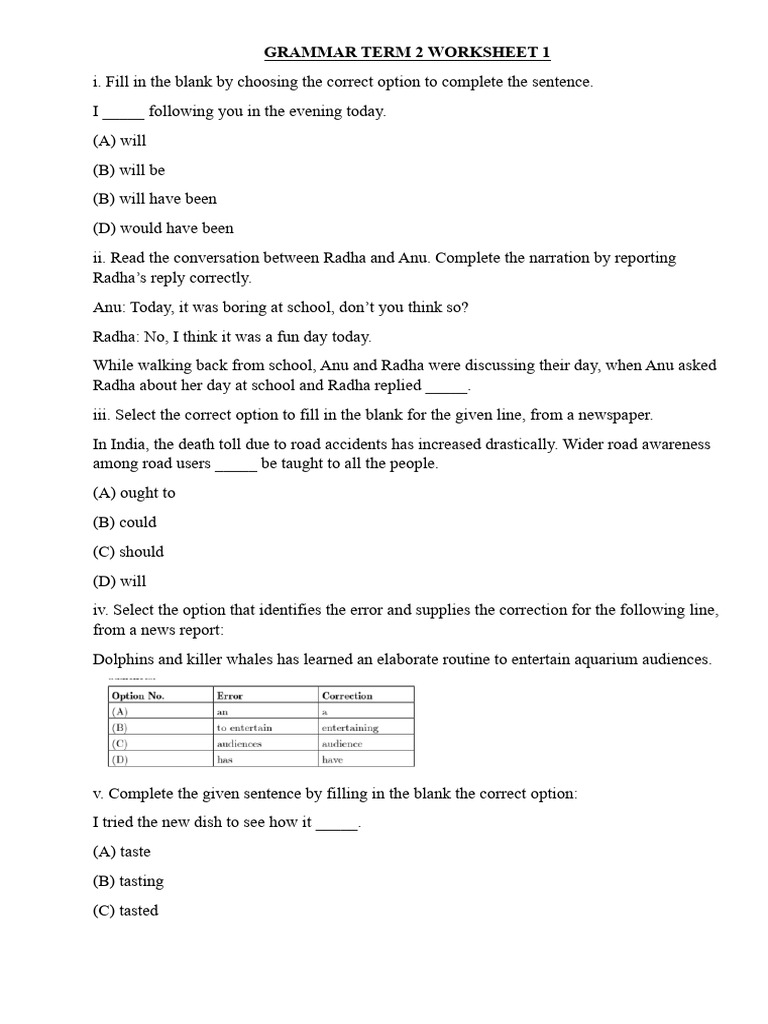 Grammar Worksheet for Sentence Completion | PDF