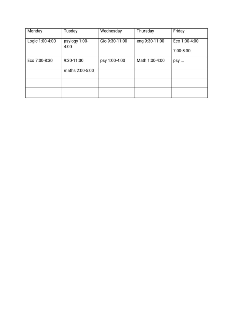 Weekly Class Schedule Overview | PDF