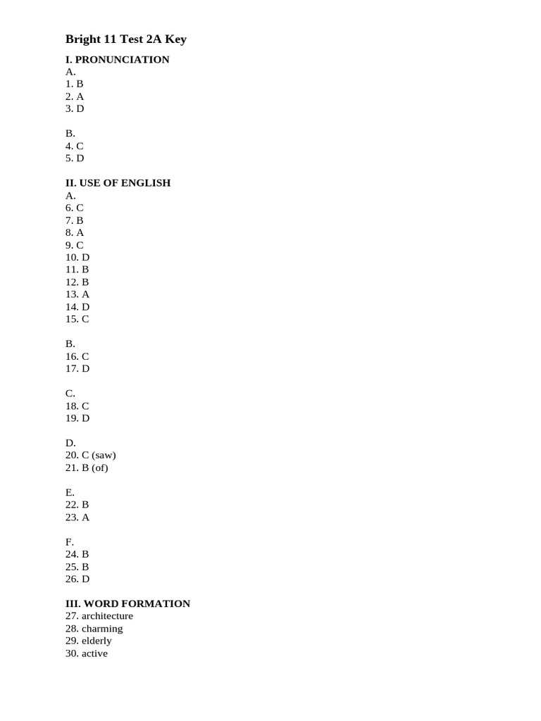 Bright 11 Test 2A Answer Key | PDF