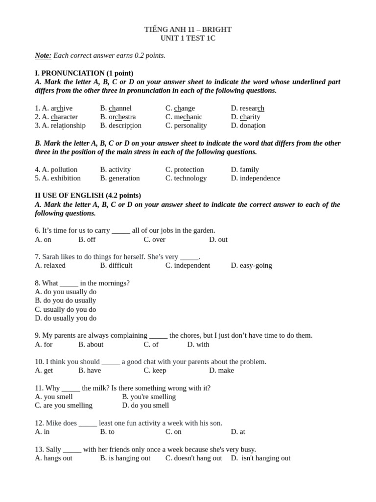 Bright 11 Test 1C (18-1-2023) | PDF | Adolescence | Argument