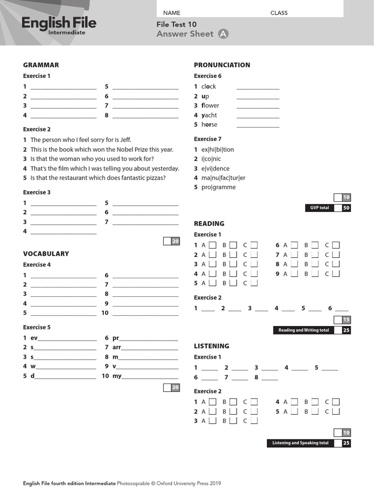 English File Intermediate Test Answer Sheet | PDF | Linguistics