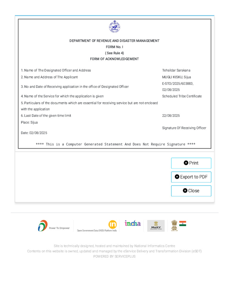 Scheduled Tribe Certificate Acknowledgement | PDF