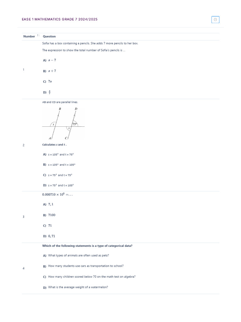Grade 7 Mathematics EASE 2024/2025 Guide | PDF | Mathematics ...